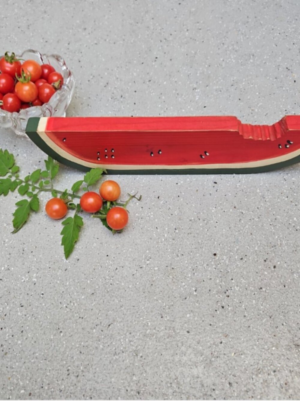 Vintage Primitive Folk Art Hand Painted Carved Wood Watermelon Slice Seeds Bite